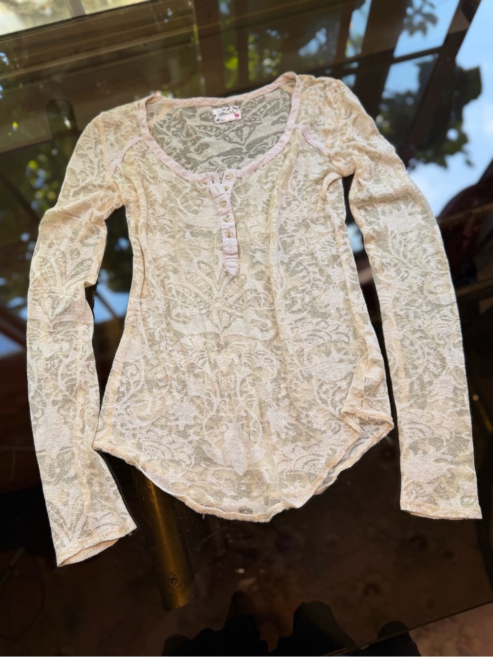 Free People Cream Sheer Lace Pattern Long Sleeve Button Down Henley